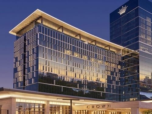 lighted up posh hotel exterior